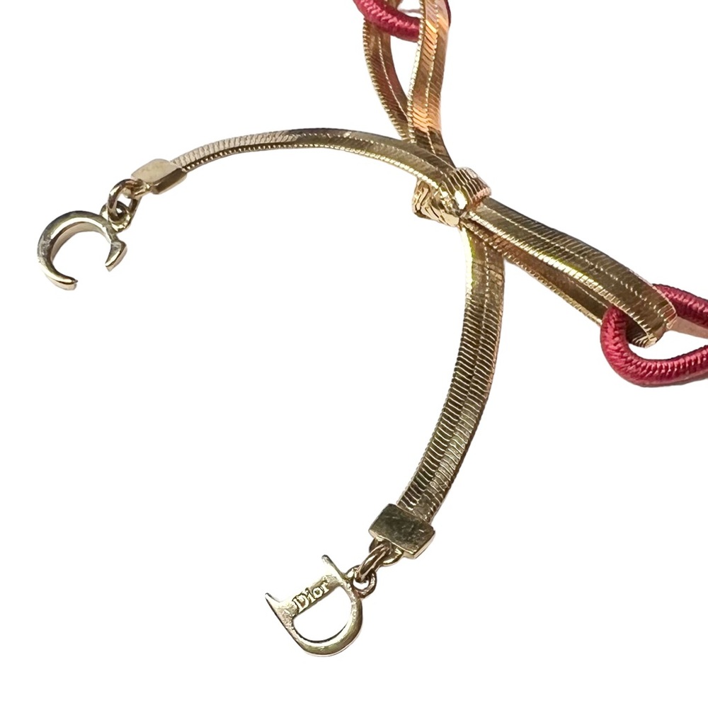 VTG AUTH Christian Dior Red Elastic Gold Chain CD Logo Bow Charm Bracelet - Picture 7 of 12